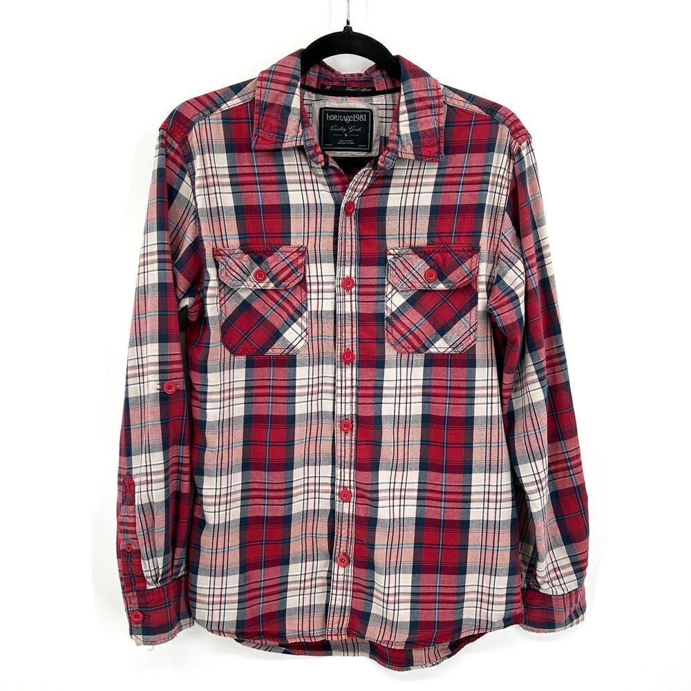 HERITAGE 1981 Women's Red White Cotton Button Up Roll Tab Sleeve Shirt Small